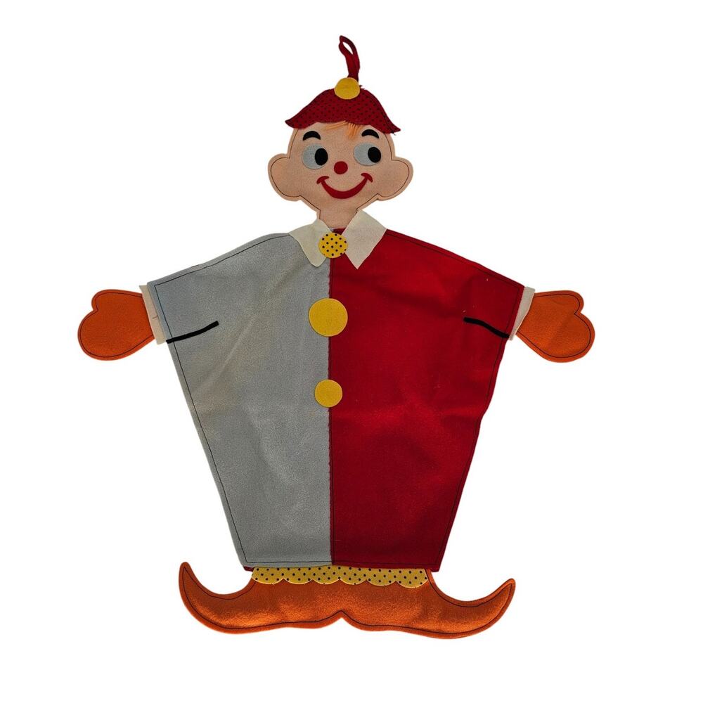 Vintage Handmade Felt Jester Clown Hanging Open Back Bag Red Gray Stocking